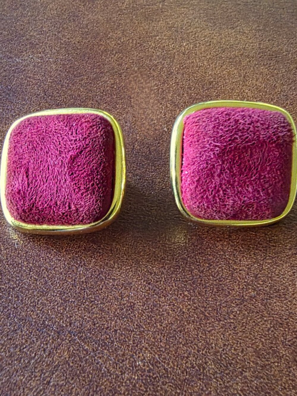 Vintage Dauplaise Signed 1 Inch Square Crimson Fabric & Gold Clip-On Earrings